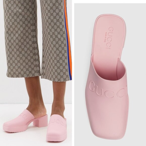 Gucci Logo Rubber Platform Heel Clogs Mules Slip On 725899 Pink Wms EU 39 US 9 - Picture 1 of 14